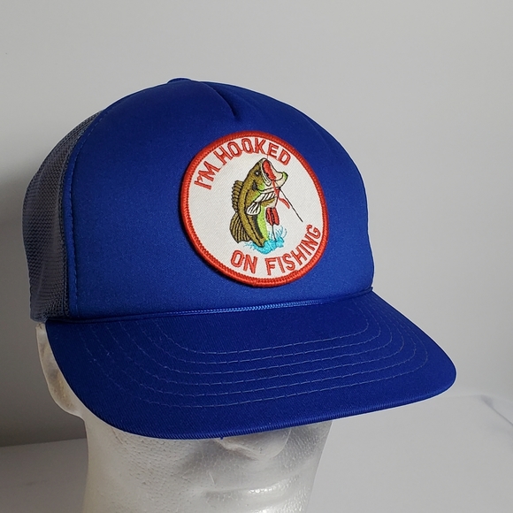Vtg Hooked On Fishing Trucker Hat Foam Mesh Snapback Blue Baseball Cap Graphic. - Picture 2 of 13